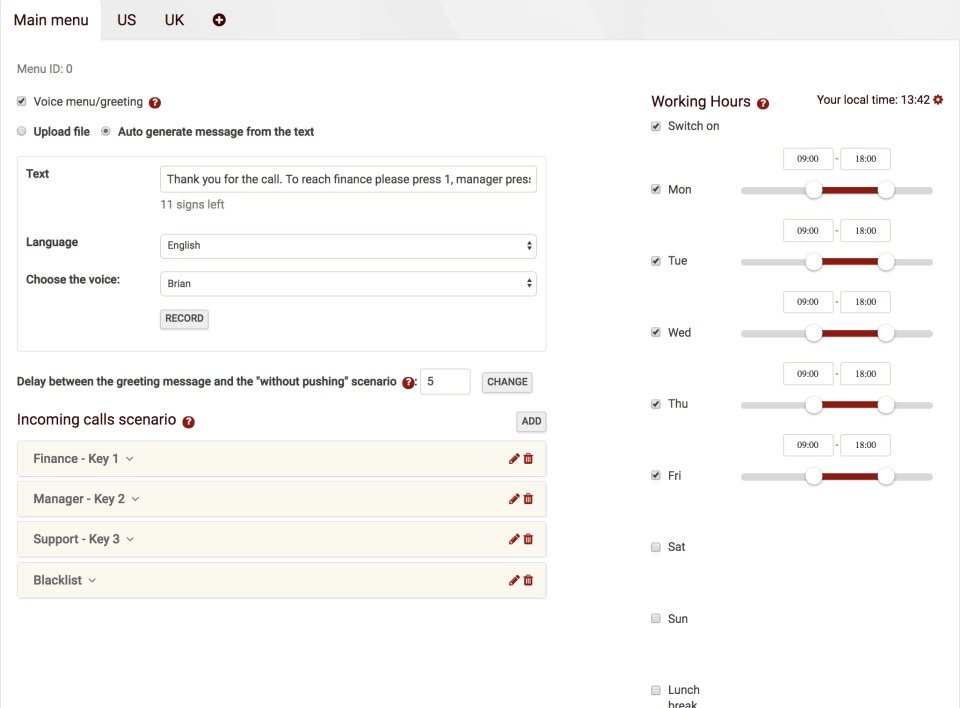 zadarma configuración de flujo de llamadas