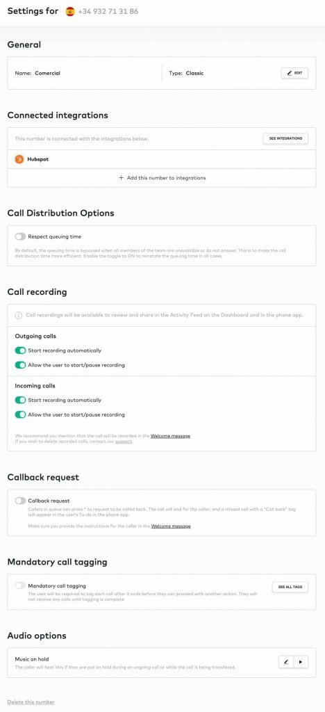 aircall configuración de número