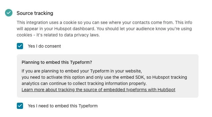 typeform hubspot activar seguimiento de fuente source tracking integration