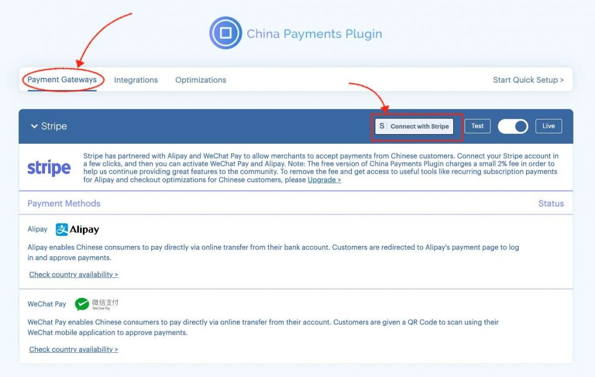 china payments plugin conectar con stripe alipay wechat pay