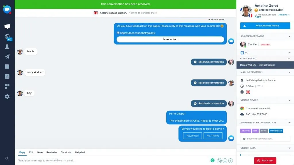 crisp interfaz web para gestión de mensajes y whatsapp para empresa